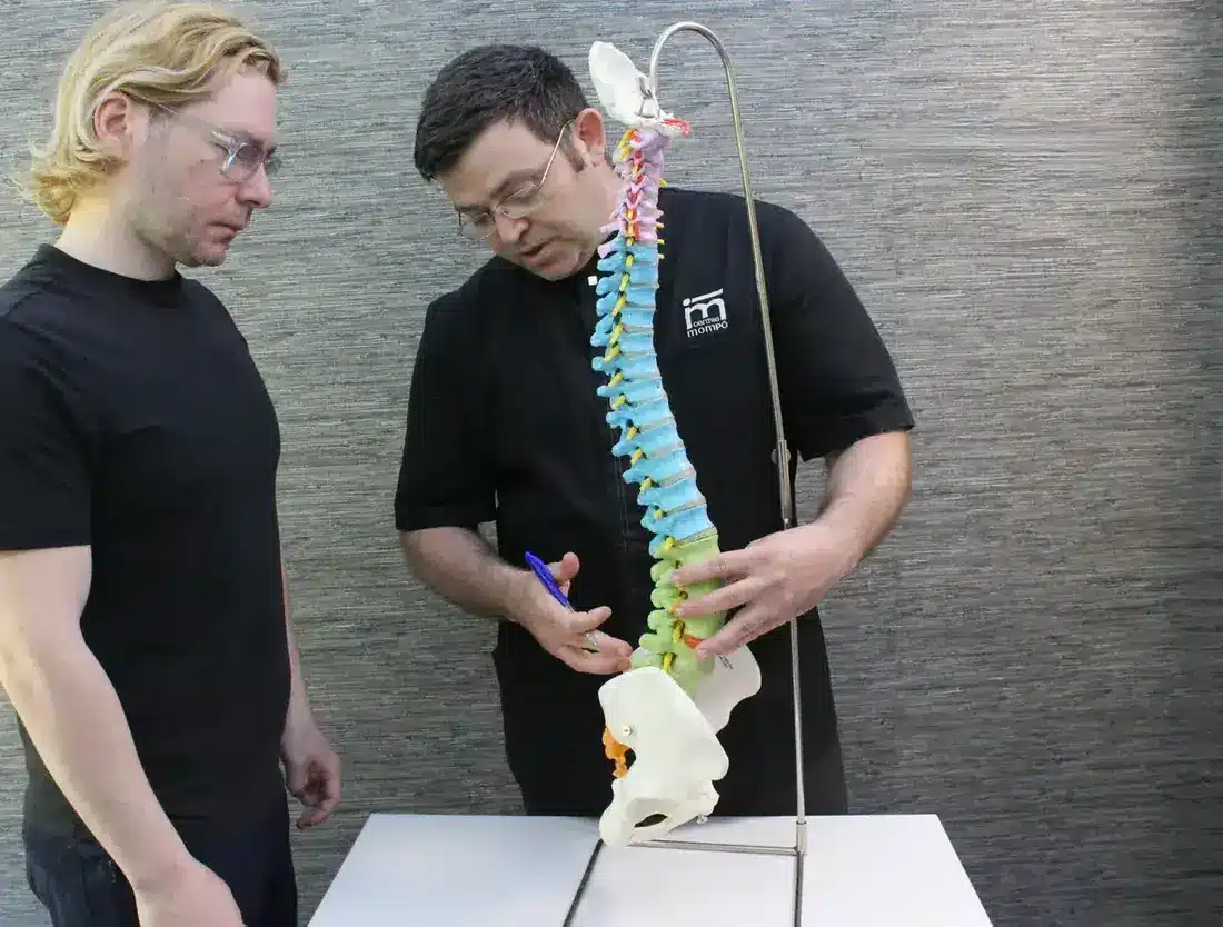 Un profesor explica una columna vertebral a un alumno en el aula